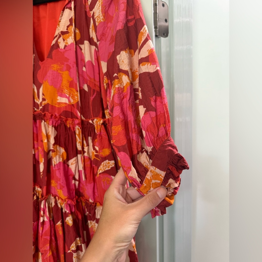 Fabrik Mini Floral Babydoll Dress Red Pink Orange 3/4 Sleeve size small EUC - Picture 5 of 8